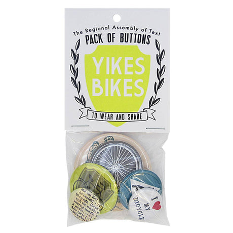 This pack of buttons has 6 buttons of varying sizes. Button images include bike themed buttons. Designed by The Regional Assembly of Text