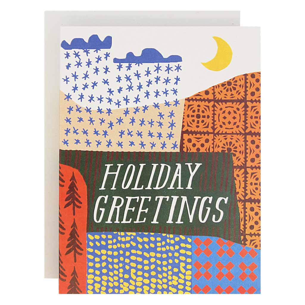 A sweet, brightly coloured holiday landscape. Boxed set contains 12 identical cards (blank inside) & 12 white envelopes. Cards measure 4¼” x 5½”.
