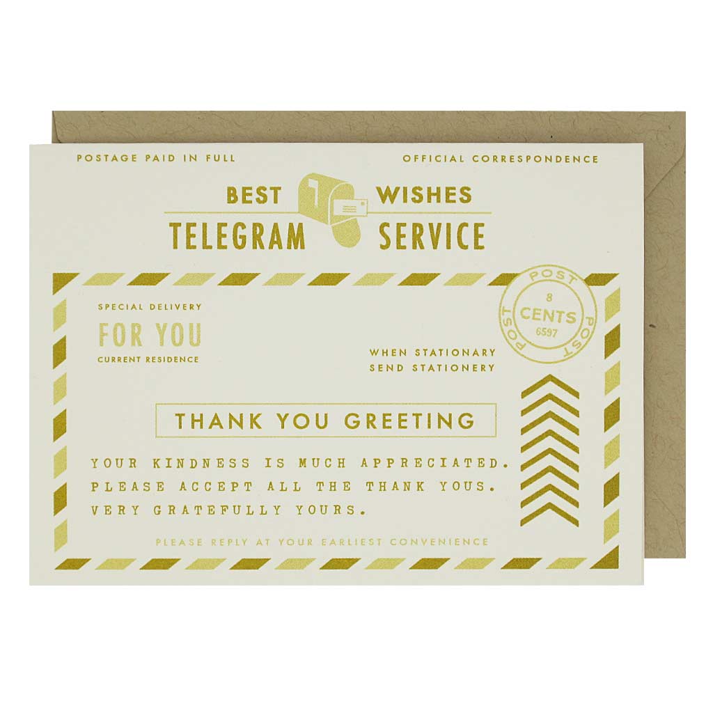 Send an official thank you with these telegram cards. Image is a replica of an old telegram with thank you greetings. Boxed set contains 10 identical cards (blank inside) & 10 kraft envelopes. Cards measure 3½”x 5”