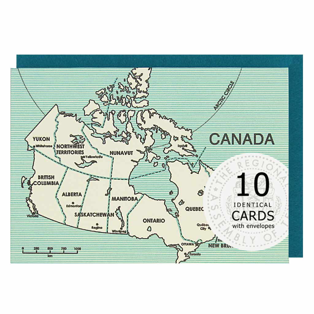The Regional Assembly of Text, a stationery store, in Vancouver B.C. Canada, designs this greeting card. It depicts a map of Canada. This boxed set contains 10 identical cards (blank inside) & 10 light peacock envelopes. 
