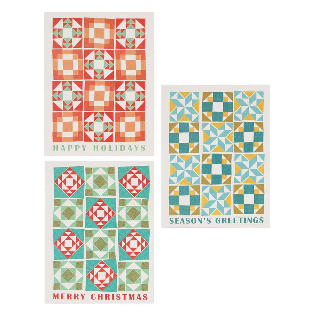 Boxed set contains 12 assorted cards (blank inside) depicting quilt patterns and holiday wishes. Comes with 12 white envelopes. Includes 4 of each design. Cards measure 4¼” x 5½”.