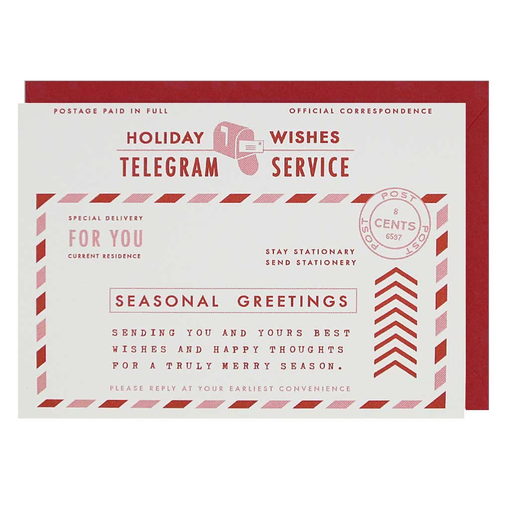 Sending greetings the old fashioned way. This boxed set contains 10 identical cards (blank inside) that look like old fashioned telegrams & 10 papaya envelopes. Cards measure 3½”x 5”.