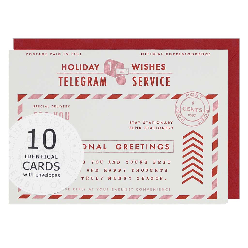 Sending greetings the old fashioned way. This boxed set contains 10 identical cards (blank inside) that look like old fashioned telegrams & 10 papaya envelopes. Cards measure 3½”x 5”.
