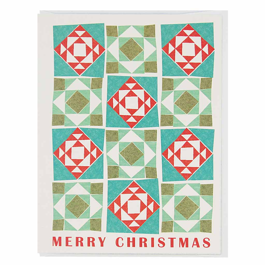 Enjoy a cozy season with this merry christmas quilt.. Measures 4¼” x 5½”, comes with a white envelope & is blank inside.
