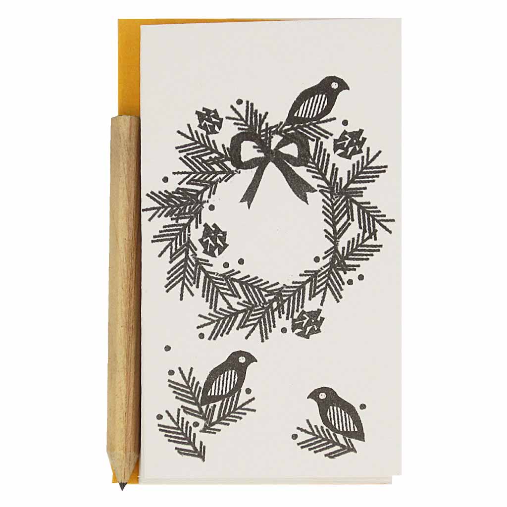 Each set features a black and white wreath adorned with pine cones and birds. Contains 6 identical mini cards, 6 orange envelopes and 1 mini pencil.  Cards measure 2 ¼” x 4”.