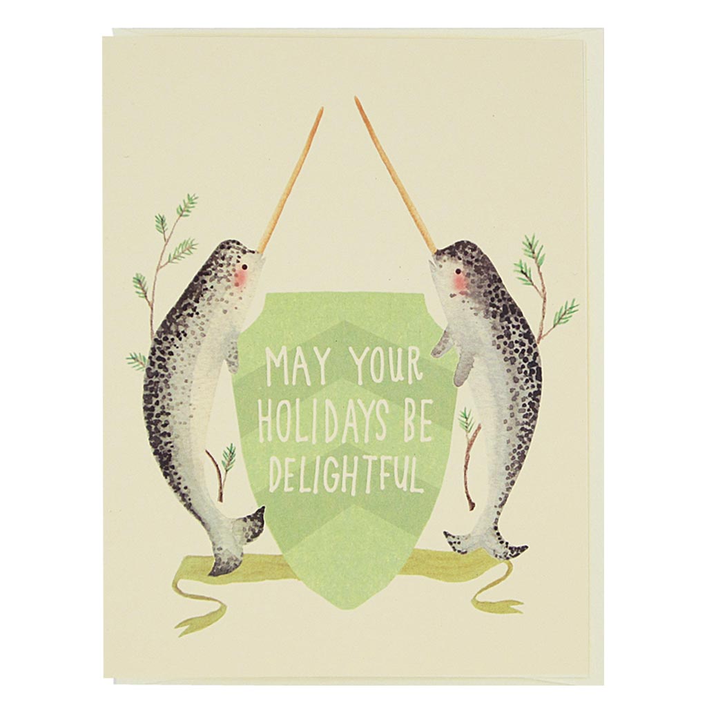 What's more festive than a couple of narwhals? Painted narwhals with the greetings "may your holidays be delightful". Card measures 4¼” x 5½”, comes with a cream envelope & is blank inside.