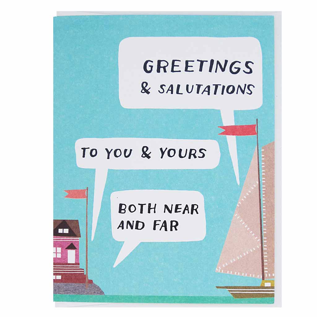 Salutations to you and yours with this little collage of a boat on the ocean and a house on the shore. Measures 4¼” x 5½”, comes with a white envelope & is blank inside.