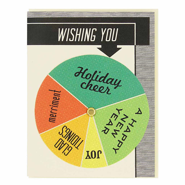 Turn the wheel to find the appropriate holiday exclamation. Card measures 4¼” x 5½”, comes with a cream envelope & is blank inside.