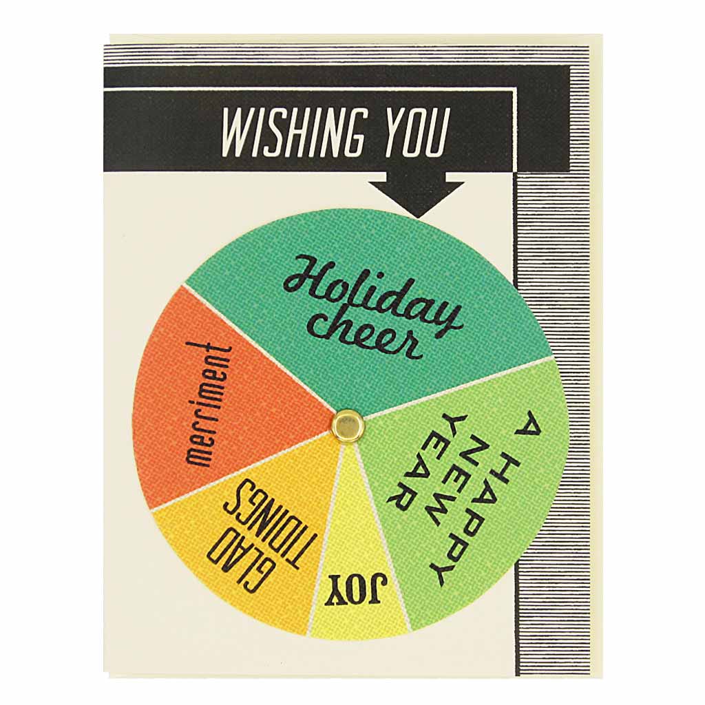 Turn the wheel to find the appropriate holiday exclamation. Card measures 4¼” x 5½”, comes with a cream envelope & is blank inside.
