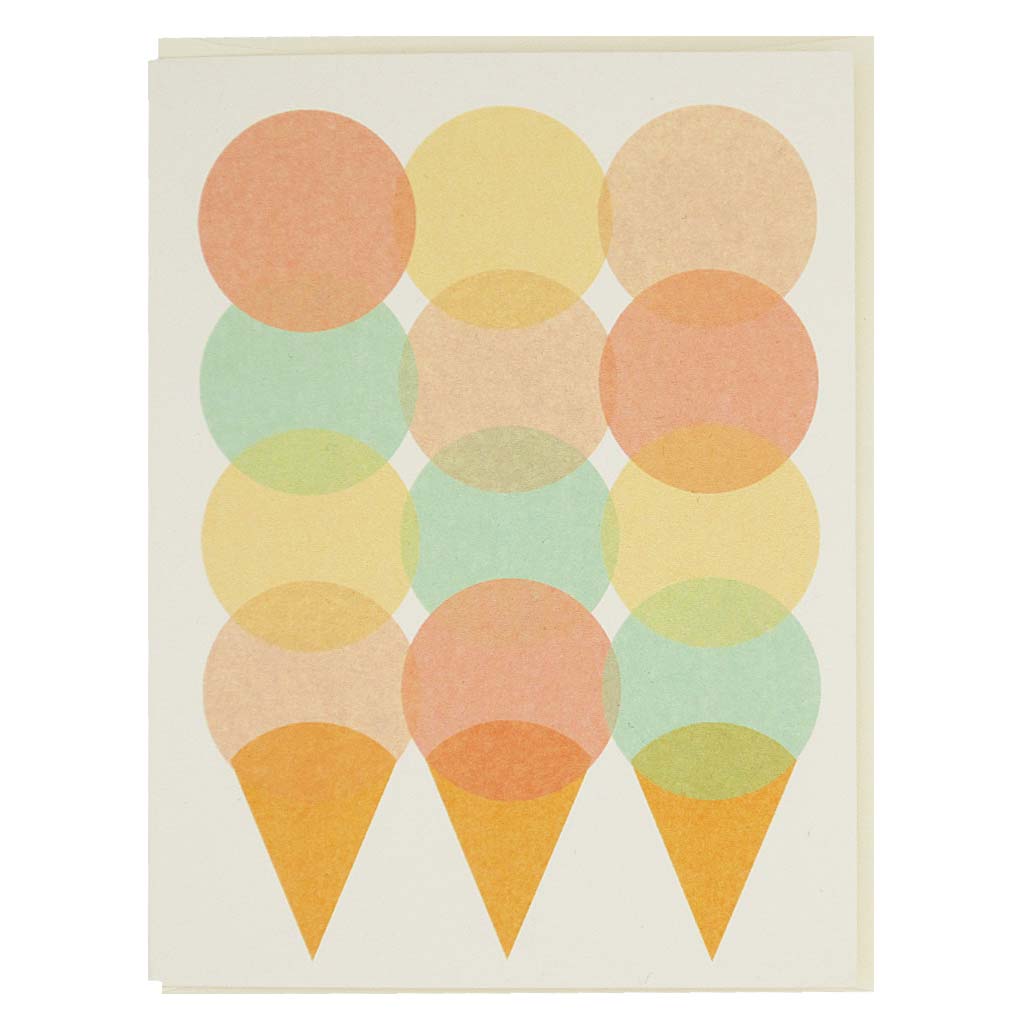 I scream for ice cream. 3 pastel coloured ice cream cones with 4 scoops each.  Card measures 4¼” x 5½”, comes with a cream envelope & is blank inside.