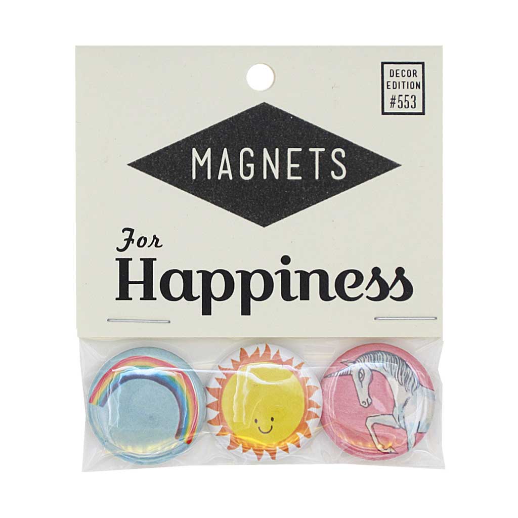 Spread some cheer with this pack of three 1" magnets featuring a rainbow, a sun and a unicorn. Pack measures 3" x 3½".