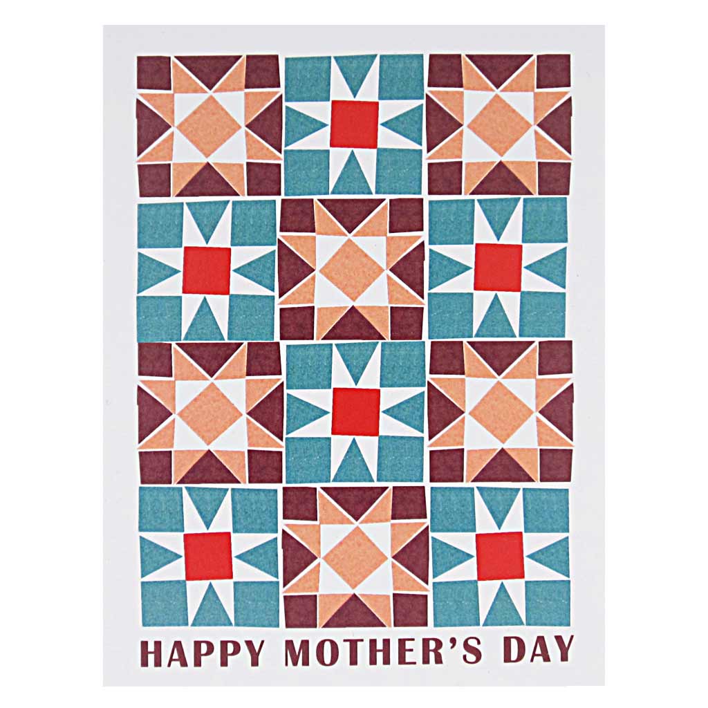 This Mother’s Day card has a colourful geometric quilt pattern with text below that reads ‘Happy Mother’s Day’. Card measures 4¼” x 5½”, comes with a white envelope & is blank inside. Designed by The Regional Assembly of Text.