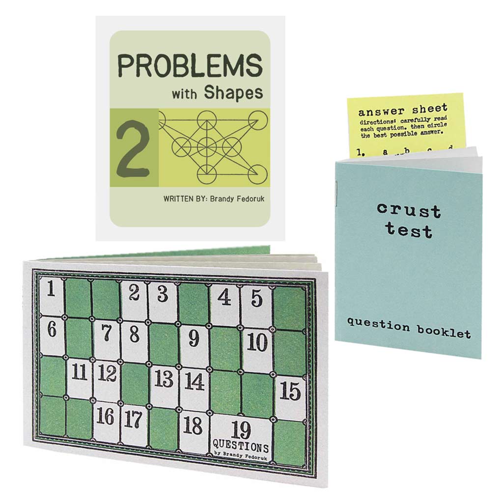 Time to use that brain and solve some puzzles. Contains 3 assorted books by artists Rebecca Dolen & Brandy Fedoruk. Titles include: ﻿19 Questions, Problems with Shapes, and Crust Test.  By Rebecca Dolen & Brandy Fedoruk.