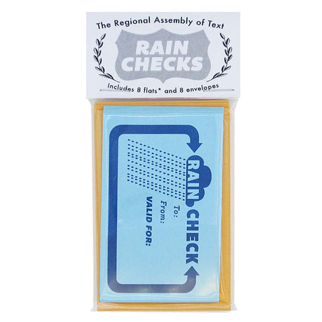 Give someone a sweet little rain check. Perfect for all the things we can't wait to get back to. This set contains 8 identical flats & 8 orange coin envelopes and measures 2¼” x 3″. (Note: flats are single sided cards)