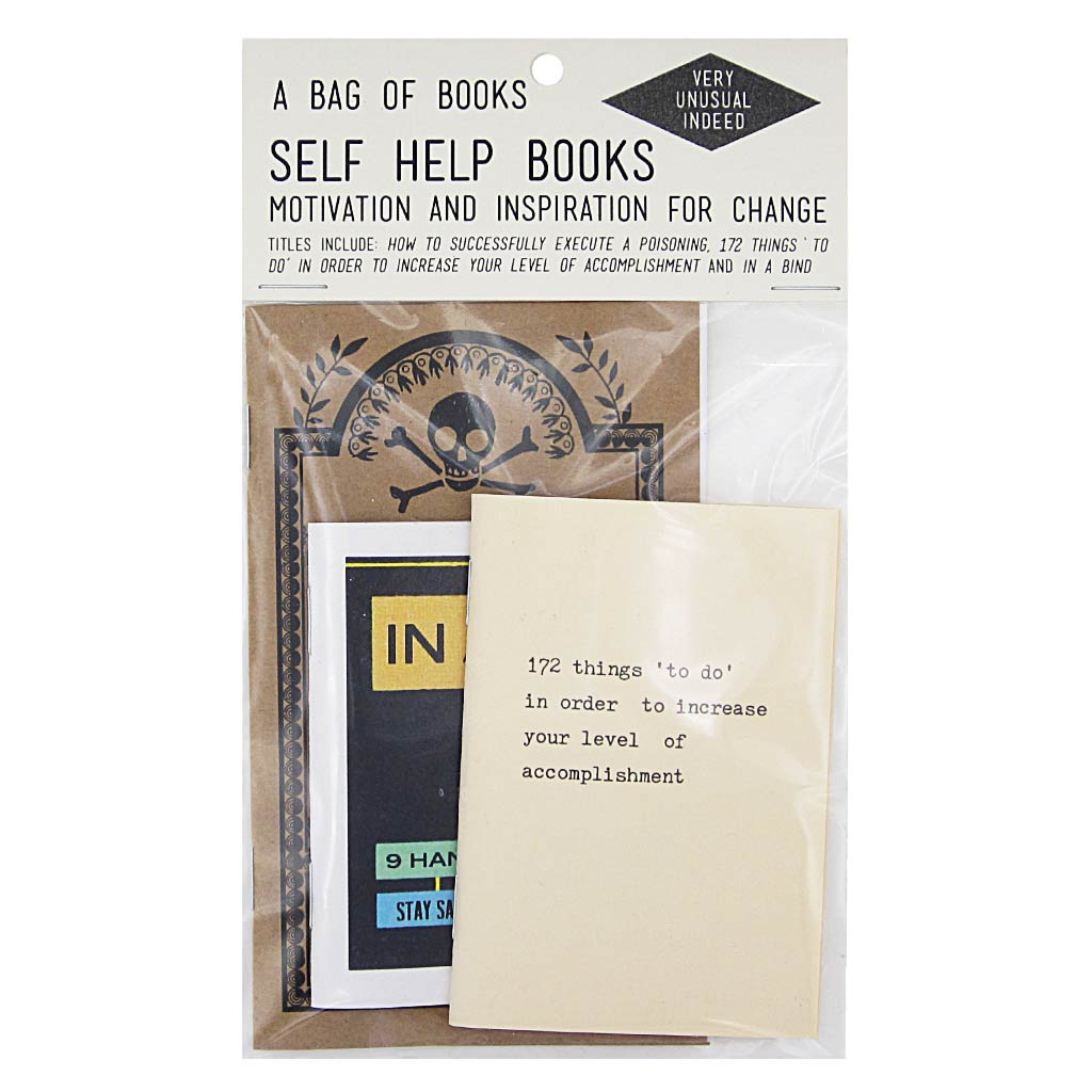 A helpful little bag of books. Contains 3 assorted books by artists Rebecca Dolen & Brandy Fedoruk. Titles include: ﻿In a Bind, How to Successfully Execute a Poisoning, and 172 Things 'to do' in Order to Increase your Level of Accomplishment.  By Rebecca Dolen & Brandy Fedoruk.