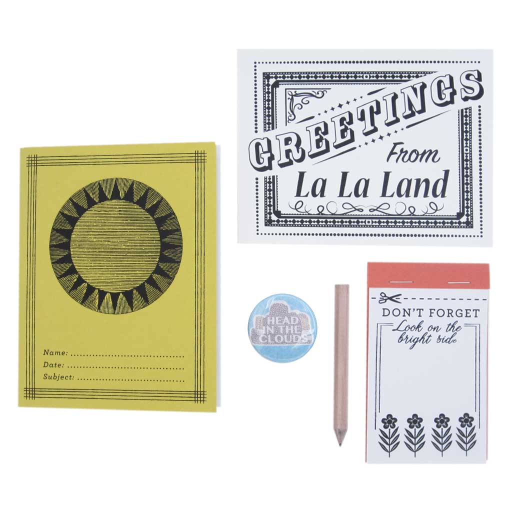 This little kit is for your favourite optimist. Thank goodness for them! Includes a small notebook, postcard, button, tear away notepad & a tiny pencil. Comes neatly packaged in a muslin bag measuring 5" x 7".