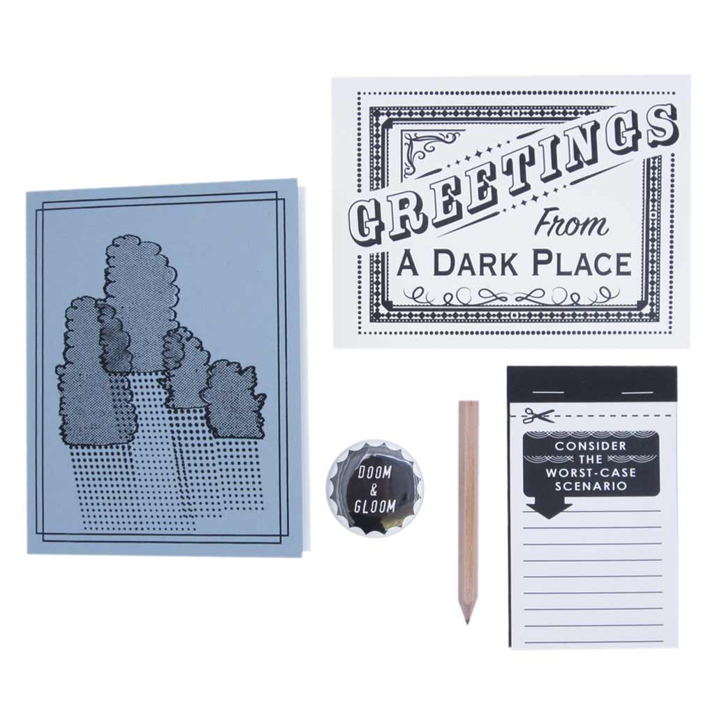 Perfect for that lovable pessimist in your life. Includes a small notebook, postcard, button, tear away notepad & a tiny pencil. Comes neatly packaged in a muslin bag measuring 5" x 7".