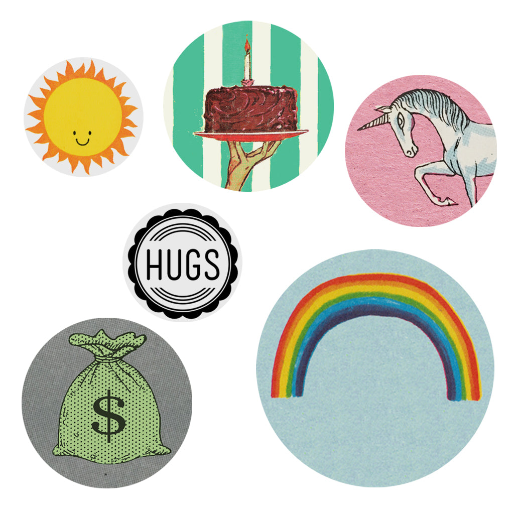 Spread some well deserved cheer to those in need. Designed to wear & share, this pack of buttons contains 6 buttons with images of rainbows, unicorns, bags of money, hugs, cake and sunshine Buttons varying in sizes. Measures approximately 3” x 6½”.