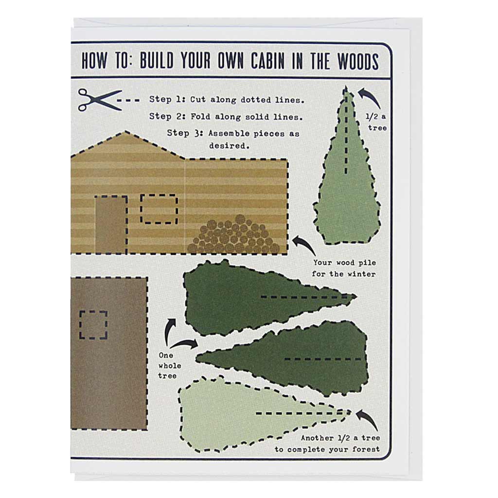 This greeting card is an activity card, which is lovely as is, but which can also be cut up and made into a delightful 3-D cabin in the woods. The text reads, ‘How to: Build Your Own Cabin in the Woods’. Dotted lines are around each item and it features the cabin and some trees for your forest. Card measures 4¼” x 5½”, comes with a white envelope & is blank inside. Designed by The Regional Assembly of Text.