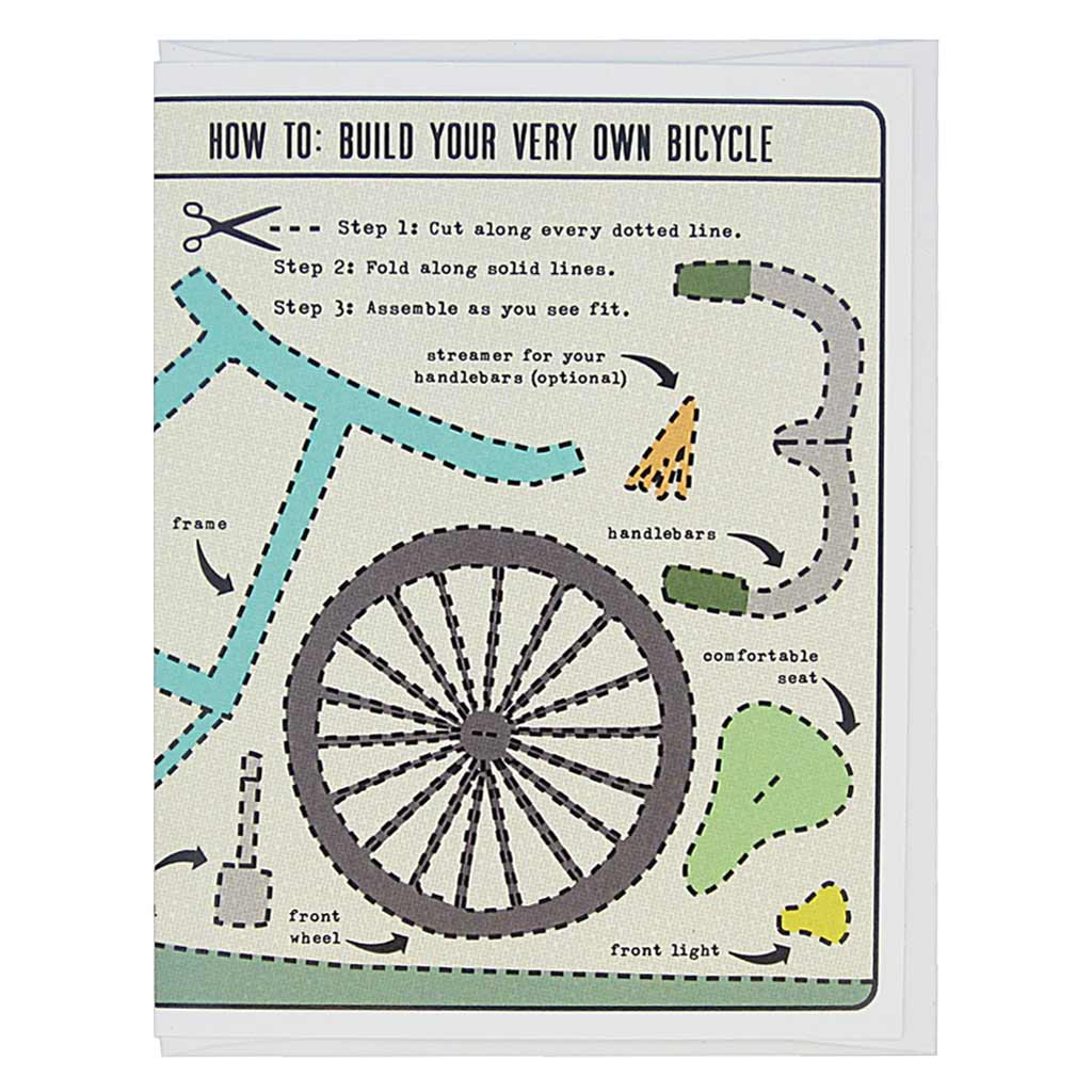 This greeting card is an activity card, which is lovely as is, but which can also be cut up and made into a delightful 3-D bicycle. The text reads, ‘How to: Build Your Very Own Bicycle’. Dotted lines are around each item and it features a frame, seat, handlebars etc. Card measures 4¼” x 5½”, comes with a white envelope & is blank inside. Designed by The Regional Assembly of Text.