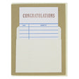 This nostalgic card is kraft  coloured and has a real library card that slides in & out of a real library pocket on the front. The top of the library card is stamped ‘Congratulations’. Fill in the date and name of the recipient to personalize. Card measures 4¼” x 5½”, comes with a cream envelope & is blank inside. Designed by The Regional Assembly of Text.